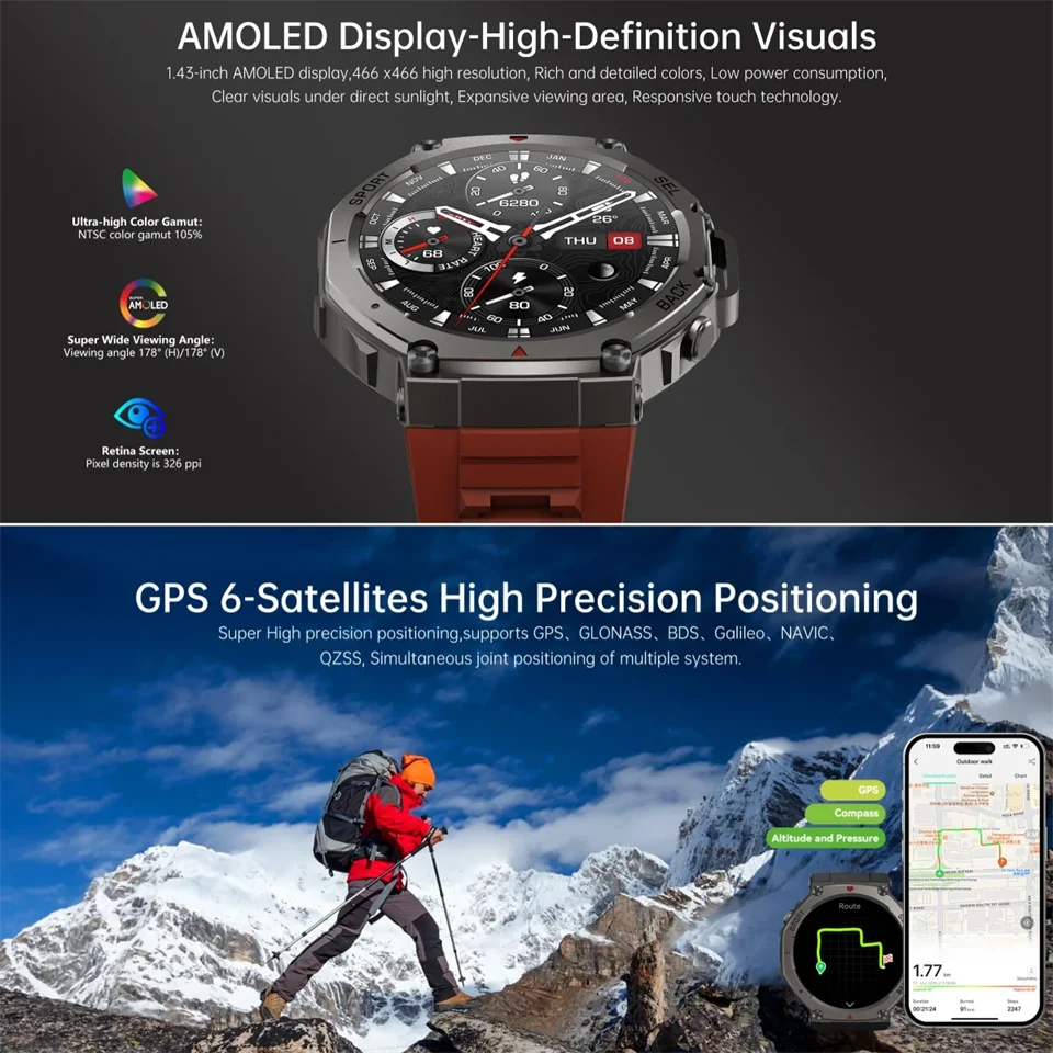 T-Rex 3 GPS Smart Watch 10ATM Waterproof Built-in Dual-band GNSS Compass Military Sport Smartwatch Men 2025 New For Xiaomi