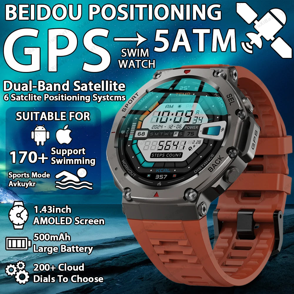 T-Rex 3 GPS Smart Watch 10ATM Waterproof Built-in Dual-band GNSS Compass Military Sport Smartwatch Men 2025 New For Xiaomi