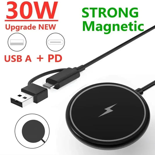 30W Magnetic Wireless Charger Pad for iPhone 16 15 14 13 12 11 Pro Max Mini Desktop Chargers USB A PD Magnet Fast Charging Stand