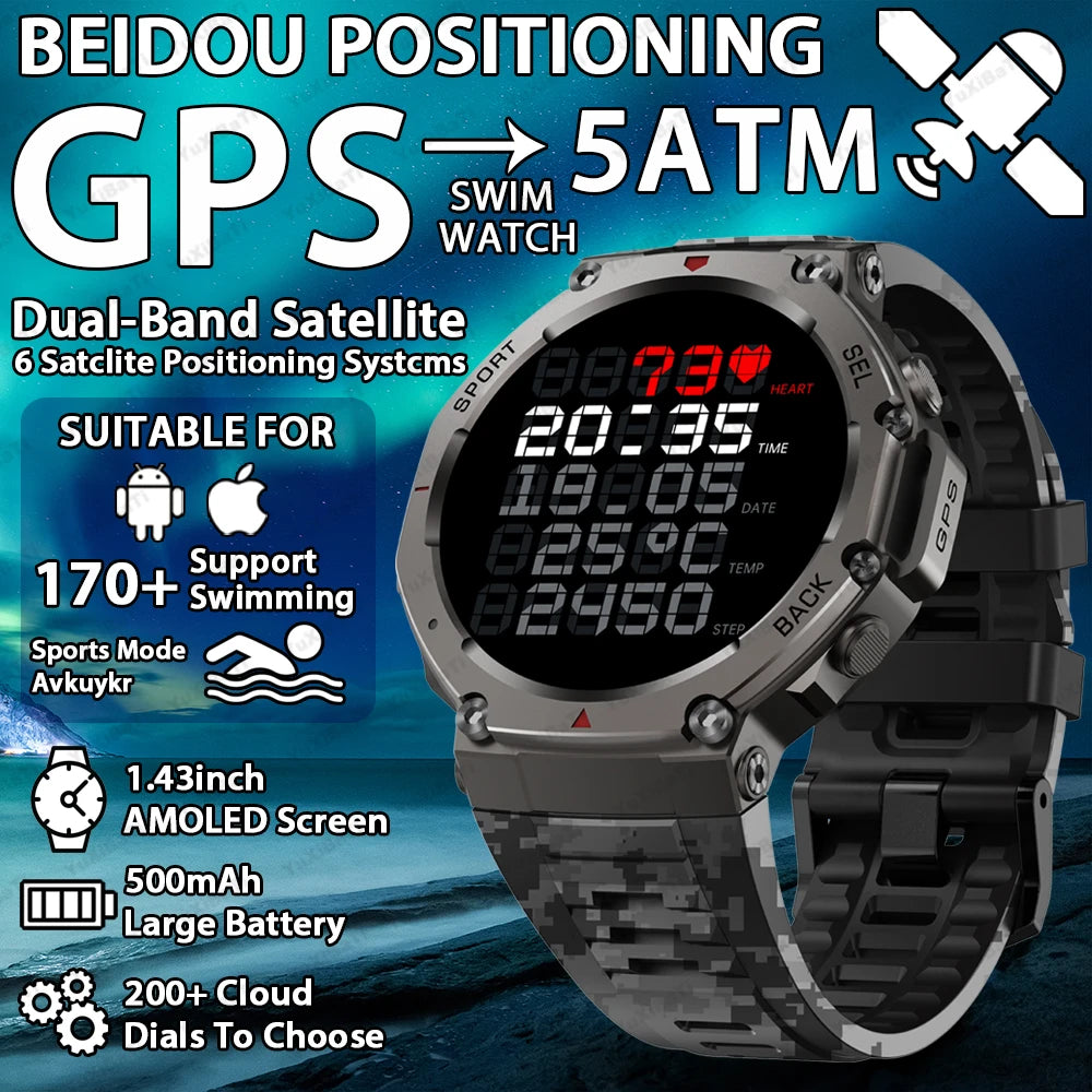 T-Rex 3 GPS Smart Watch 10ATM Waterproof Built-in Dual-band GNSS Compass Military Sport Smartwatch Men 2025 New For Xiaomi