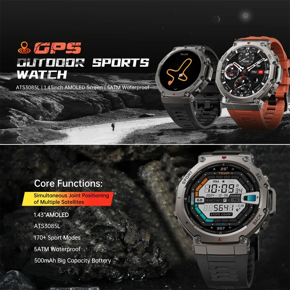 T-Rex 3 GPS Smart Watch 10ATM Waterproof Built-in Dual-band GNSS Compass Military Sport Smartwatch Men 2025 New For Xiaomi